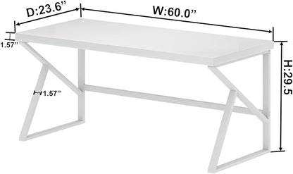 HSH White Desk, Modern Home Office PC Laptop Desk, Large Industrial Metal Wood Desk for Executive Writing Work Study Gaming, Long Student Computer Table for Bedroom Living Room, White Oak, 60 Inch