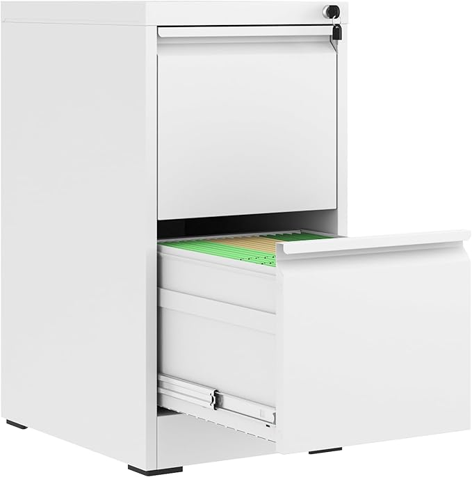 2 Drawer File Cabinet with Lock, Metal Vertical Filing Cabinets for Home Office, Steel Storage Cabinet for Hanging Legal/Letter Size Files, Assembly Required (White)