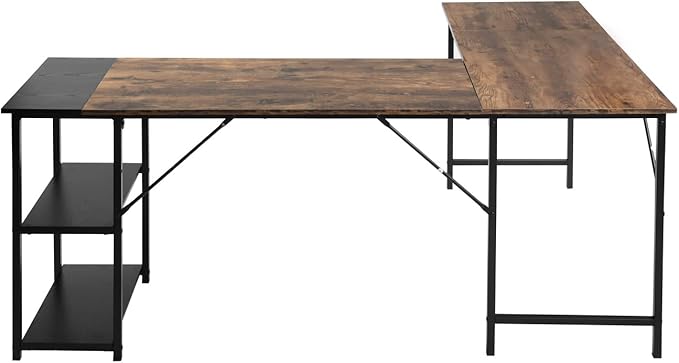 FurnitureR L-Shaped 58.3''Corner Computer Desk with Storage Shelf Long Gaming Desk for Home Office PC Workstation Saving Space Laptop Table (Brown and Black)