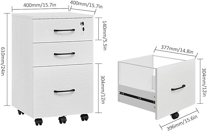 Panana 3 Drawer Wood Mobile File Cabinet, Under Desk Storage Drawers Small File Cabinet for Home Office (White)