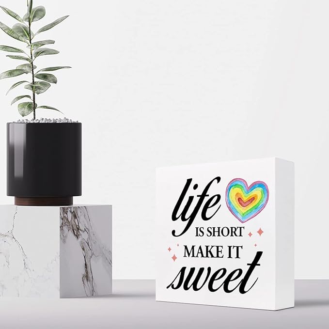Life Is Short Make It Sweet Sign,Inspirational Quote Wood Box Sign,Motivational Signs Wooden Block Rainbow Decorations for Home Office Shelf Decor
