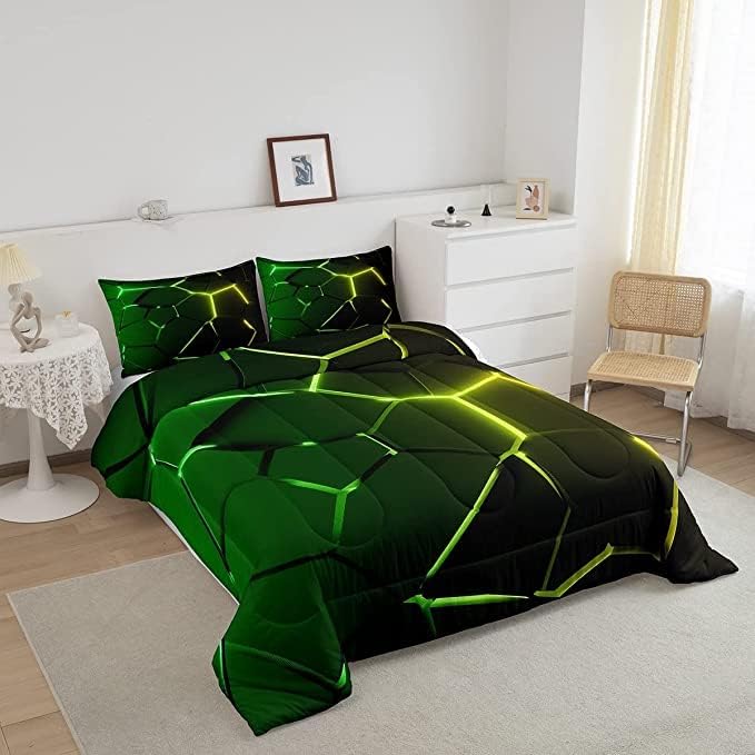 Honeycomb Comforter Green Yellow Hexagonal Print Bedding Set for Kids Boys Girls Children Beehive Geometrical Comforter Set Ultra Soft Decor Reticulated Duvet Set King Size