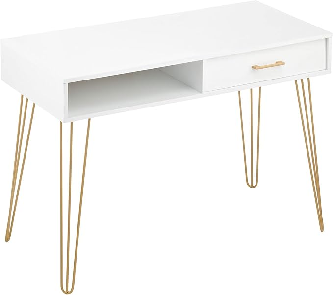 mDesign Metal/Wood Modern Computer Desk - Minimalist Desk and Computer Table with Drawer - Simple Desk with Storage Cubby and Hairpin Legs - Small Work Desk for Home Office, Study - White/Soft Brass