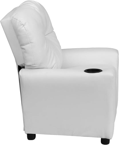Flash Furniture Chandler Vinyl Kids Recliner with Cup Holder and Safety Recline, Contemporary Reclining Chair for Kids, Supports up to 90 lbs., White