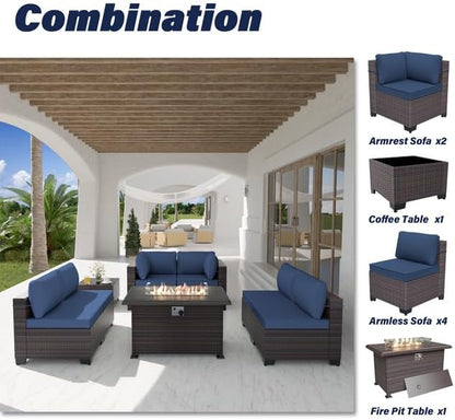 Patio Furniture Set with Fire Pit Table 8-Piece Outdoor Sectional Furniture Outdoor Rattan Patio Conversation Sets with 43in 55,000 BTU Propane Gas Fire Pit Table Glass Table, Navy Blue