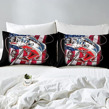 Fishing Comforter King Bass Fish American Flag Bedding Set Farmhouse Pike Fishing Comforter Set for Kids Boys Girls Teens Room Wild Fish Decor Red Blue Stripe Quilt Down Comforter Boys
