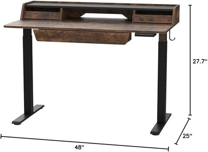 FEZIBO Standing Desk Adjustable Height with Drawers, 48 x 25 Inch Stand Up Desk with Storage Shelf, Electric Standing Desk with Storage Space, Rustic Brown Top/Black Frame