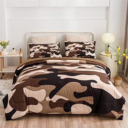 Meeting Story Camouflage Bedding Set, Colorful Pattern Style Comforter Set, 5 PCS One Comforter Two Pillowcases Two Sheets in One Bag, All Season Bedspread for Teens Adults (Coffee,Full5pcs
