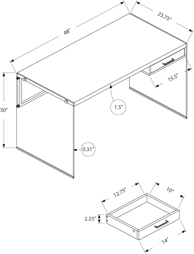 Monarch Specialties Computer Desk - Contemporary Writing Desk with Drawer - Tempered Glass Legs - 48"L (Grey Reclaimed Wood Look)