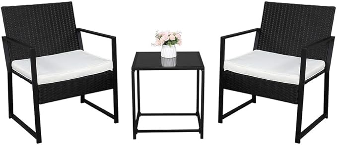 Outvita 3PCS Rattan Conversation Set, Outdoor Wicker Furniture Bistro Set 2 Chairs and Glass Top Table for Small Balcony Backyard Patio(Black)