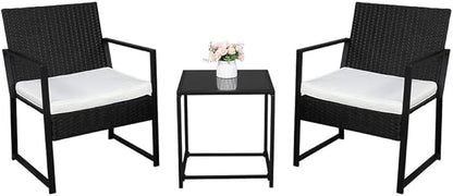Outvita 3PCS Rattan Conversation Set, Outdoor Wicker Furniture Bistro Set 2 Chairs and Glass Top Table for Small Balcony Backyard Patio(Black)