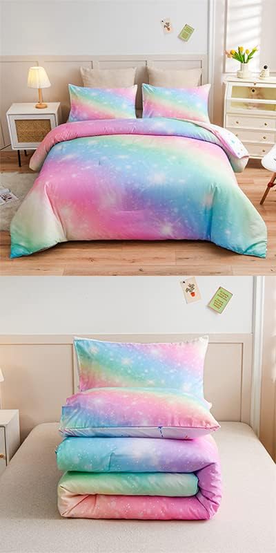 Holawakaka Girls Ombre Glitter Comforter Set, Full Size Gradient Rainbow Galaxy Print Kids Bedding Sets, Multi-color Ultra-soft Dorm Bed Set (Pink Green, Full)