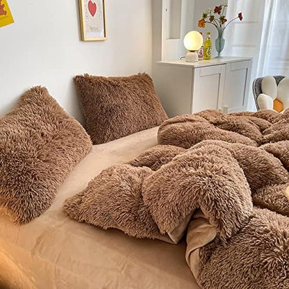 Faux Fur Kids Girls Coffee Comforter Sets Queen - 3PC Bed Set Warm Comfortable Soft Plush Flannel Velvet Fluffy Fuzzy Bedding（Comforter x 1 Pillowcases x 2）