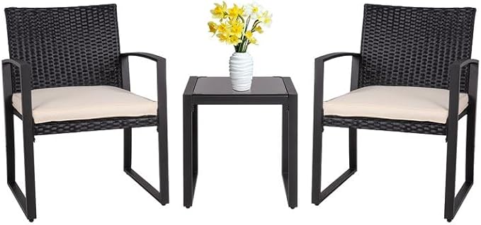 Shintenchi 3 Pieces Outdoor Patio Furniture Set Modern Black Wicker Bistro Set Rattan Chair Conversation with Coffee Table for Yard Porch Poolside Lawn(Beige)