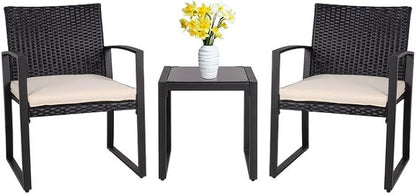 Shintenchi 3 Pieces Outdoor Patio Furniture Set Modern Black Wicker Bistro Set Rattan Chair Conversation with Coffee Table for Yard Porch Poolside Lawn(Beige)