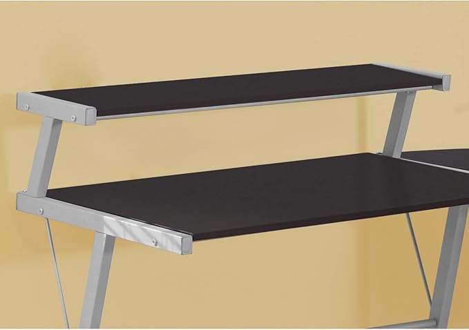 Monarch Specialties L-Shaped Corner Desk with Shelf for Home & Office, 48" L, Cappuccino-Silver Metal Legs,