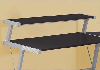 Monarch Specialties L-Shaped Corner Desk with Shelf for Home & Office, 48" L, Cappuccino-Silver Metal Legs,