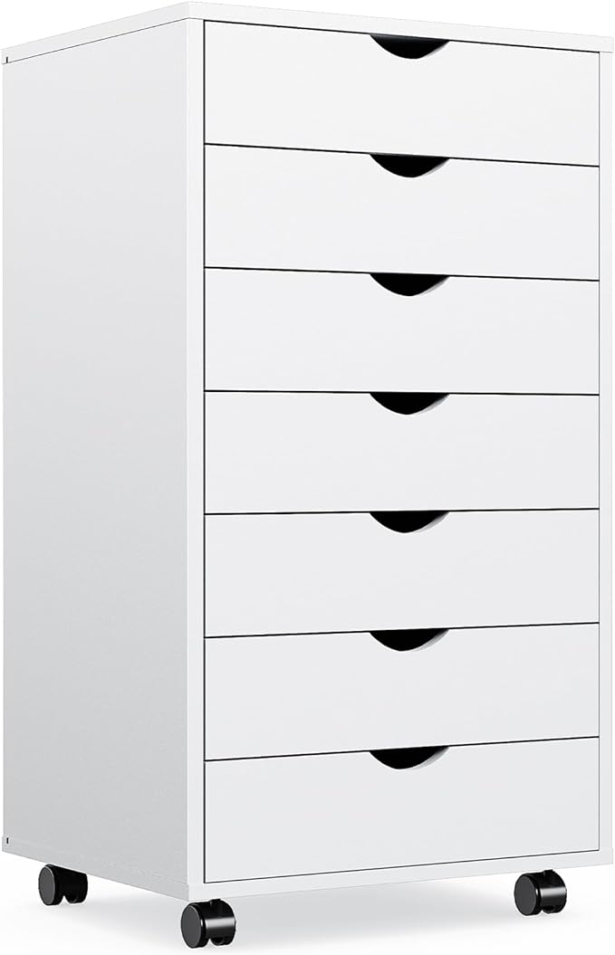 OLIXIS 7 Drawer Chest Wood File Cabinet Rolling Organization Storage Dresser with Wheels for Home Office, 15.75" D x 18.74" W x 34.25" H, White