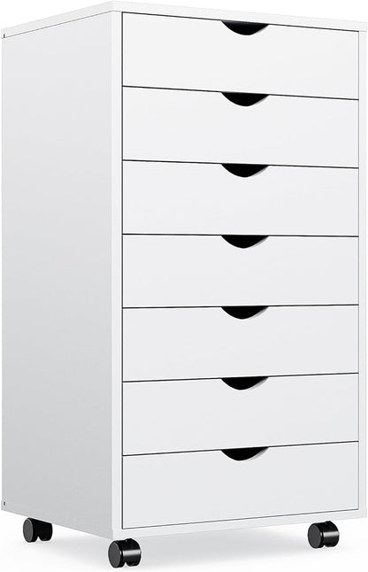 OLIXIS 7 Drawer Chest Wood File Cabinet Rolling Organization Storage Dresser with Wheels for Home Office, 15.75" D x 18.74" W x 34.25" H, White