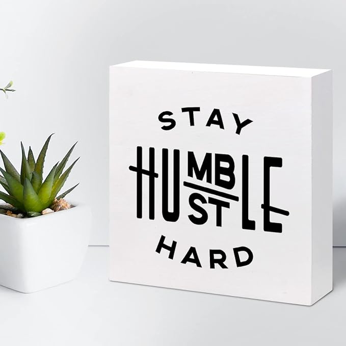 Stay Humble Hustle Hard Sign,Inspirational Quote Wood Box Sign,Motivational Wooden Block Signs,Positive Wood Signs,Entrepreneur Decorations for Home Office Shelf Table Decor