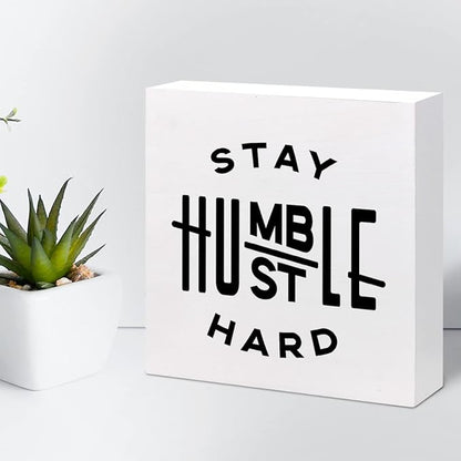 Stay Humble Hustle Hard Sign,Inspirational Quote Wood Box Sign,Motivational Wooden Block Signs,Positive Wood Signs,Entrepreneur Decorations for Home Office Shelf Table Decor