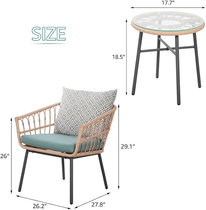 3 Piece Patio Furniture Outdoor Conversation Bistro Set with Tempered Coffee Table and Wicker Chairs for Garden Balcony Backyard Yard Poolside (Green)