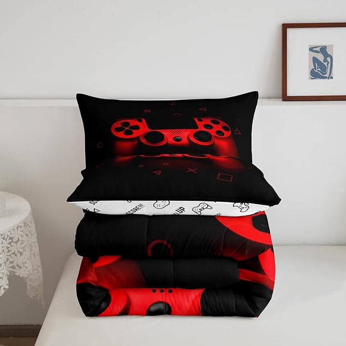 Boys Gamer Comforter Set King Size,Gamepad Bedding Set Kids Young Man Video Games Down Comforter for Teen Child Game Room Decor Black Red Classic Retro Gaming Quilted Duvet Set with Pillowcase