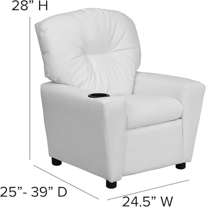 Flash Furniture Chandler Vinyl Kids Recliner with Cup Holder and Safety Recline, Contemporary Reclining Chair for Kids, Supports up to 90 lbs., White