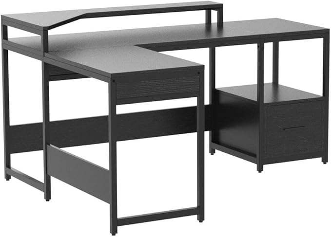 YITAHOME L Shaped Desk with File Drawer, 65" Large Computer Desk Corner Desk with Lift Top, Standing Desk Height Adjustable with Monitor Stand & Storage Shelves for Home Office, Black