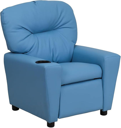 Flash Furniture Chandler Vinyl Kids Recliner with Cup Holder and Safety Recline, Contemporary Reclining Chair for Kids, Supports up to 90 lbs., Light Blue