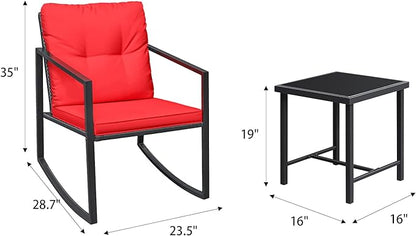 Greesum 3 Pieces Rocking Wicker Bistro Set, Patio Outdoor Furniture Conversation Sets with Porch Chairs and Glass Coffee Table, Red