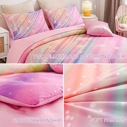 Btargot Super Soft 6 Pieces Gradient Star Ring Comforter Set, Colorful Glitter Rainbow Star Pattern Bedding Set for Boys Girls Teens, Full Pink