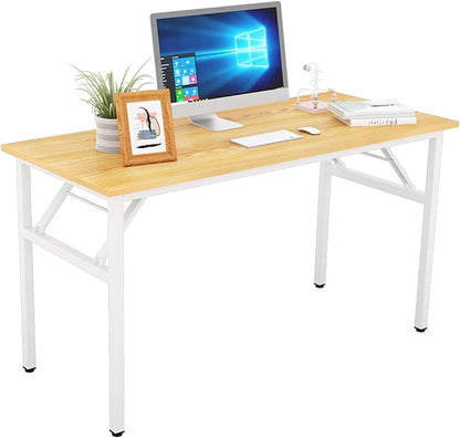 SDHYL 55inchesNo Assembly Foldable Computer Desk for Home Office Workstation, Study and Writing, Teak Board and White Leg