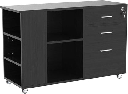 YITAHOME File Cabinet, Mobile Lateral Filing Cabinet with Lock for Home Office, Printer Stand with Open Storage Shelf, Fits A4, Letter, Legal Size Files, Office Furniture, Black