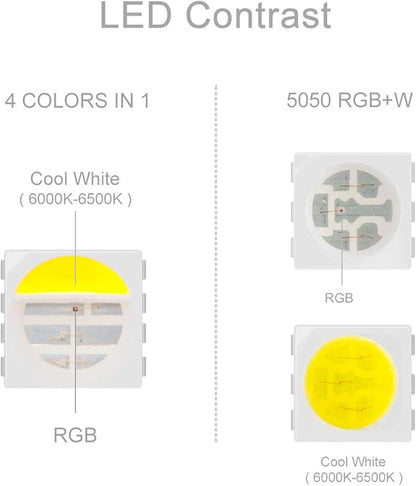 BTF-LIGHTING 5050 RGBW RGB+Cool White(6000K-7000K) 4 Colors in 1 LED Tape Light DC12V 5m 16.4ft 60LED/m Multi-Colored IP65 White 12mm PCB for Bedroom Kitchen Home Decoration(No Adapter or Controller)