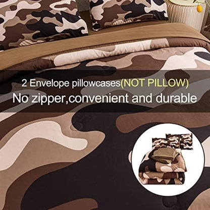 Meeting Story Camouflage Bedding Set, Colorful Pattern Style Comforter Set, 5 PCS One Comforter Two Pillowcases Two Sheets in One Bag, All Season Bedspread for Teens Adults (Coffee, Queen 5Pcs