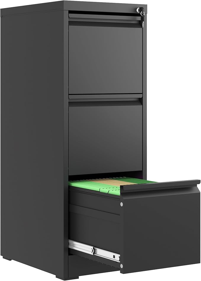 3 Drawer File Cabinet with Lock, Metal Vertical Filing Cabinets for Home Office, Steel Storage Cabinet for Hanging Legal/Letter Size Files, Assembly Required (Black)