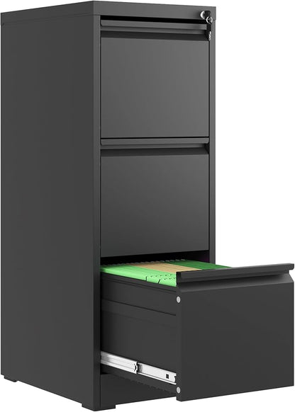 3 Drawer File Cabinet with Lock, Metal Vertical Filing Cabinets for Home Office, Steel Storage Cabinet for Hanging Legal/Letter Size Files, Assembly Required (Black)