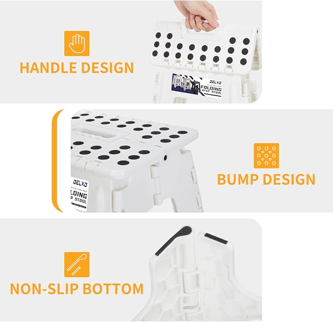 Delxo 16” Folding Step Stool in White,1 Pack Premium Heavy Duty Foldable Foot Stool for Adults,Portable Collapsible Plastic Step Stool,Non Slip Folding Stools for Kitchen Bathroom Bedroom Up to 400LBS