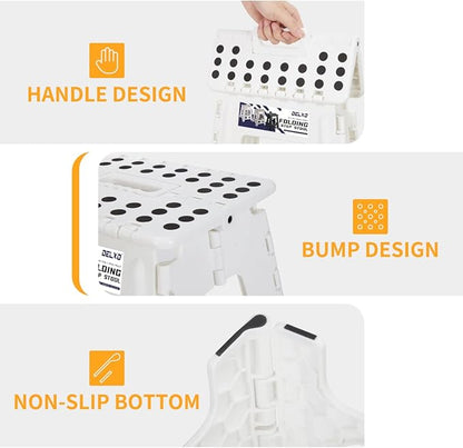Delxo 16” Folding Step Stool in White,1 Pack Premium Heavy Duty Foldable Foot Stool for Adults,Portable Collapsible Plastic Step Stool,Non Slip Folding Stools for Kitchen Bathroom Bedroom Up to 400LBS