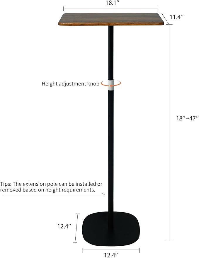Portable Laptop Floor Stand, Bedside/Sofa Table with Height Adjustable 18''~47'', Stylish Movable Workstation Floor Standing Desk for Office, Meeting Room, living room Easy Assembly, Black