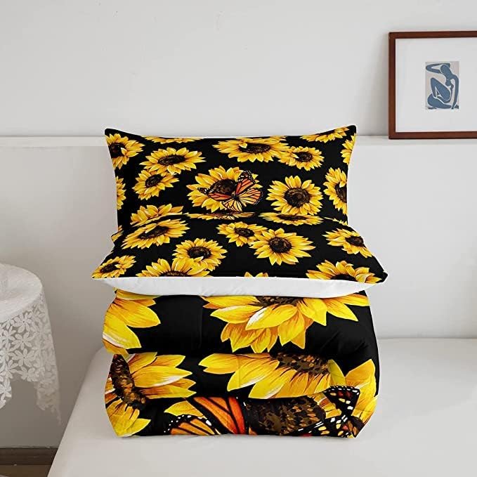 Feelyou Sunflower Bedding Set Girls Yellow Floral Butterfly Comforter Chic Flowers Comforter Set for Kids Teens Botanical Nature Duvet Set Soft Room Decor King Size Boys