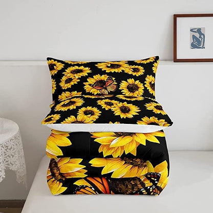 Feelyou Sunflower Bedding Set Girls Yellow Floral Butterfly Comforter Chic Flowers Comforter Set for Kids Teens Botanical Nature Duvet Set Soft Room Decor King Size Boys