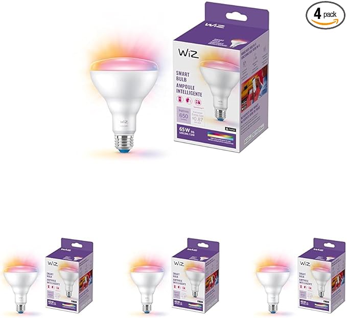 WiZ 65W BR30 Color LED Smart Bulb - Pack of 4 - E26- Indoor - Connects to Your Existing Wi-Fi - Control with Voice or App + Activate with Motion - Matter Compatible