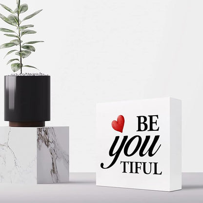 Be You Tiful Sign,Inspirational Quote Wood Box Sign,Motivational Wooden Block Signs,Positive Wood Signs,Decorations for Home Women Girl Room Office Shelf Table Decor
