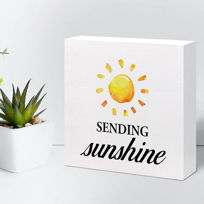 Sending Sunshine Wood Block Sign Desk Decor,Rustic Inspirational Wooden Box Plaque Sign Desk Decor for Home Office Shelf Table Decorations