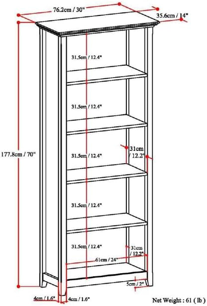 SIMPLIHOME Amherst SOLID WOOD 30 Inch Wide Transitional 5 Shelf Bookcase in Fog Grey, for The Living Room, Study Room and Office