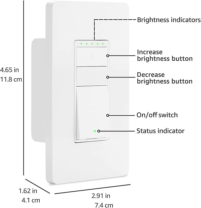 Amazon Basics Smart Dimmer Switch, 3-Way, Works with Alexa Only, 2.4 GHz Wi-Fi, No Hub Required, White