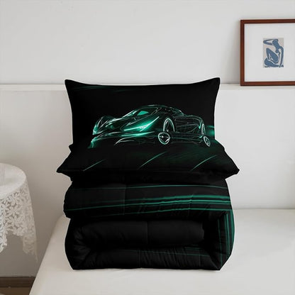 Feelyou Teal Race Car Bedding Set Full Size for Kids Boys Extreme Sport Games Comforter Set Teens Toddler Fast and Furious Duvet Set Cool Modern Quilt Set 3Pcs