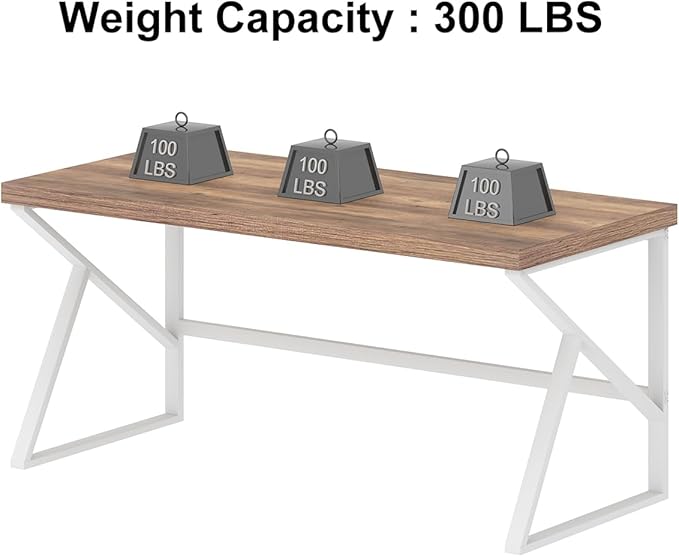 HSH Farmhouse Computer Desk, Large Home Office PC Desk, Modern Simple Metal Wood Desk Workstation for Executive Writing Study, Rustic Long Bedroom Living Room Table, White and Rustic Oak, 60 Inch